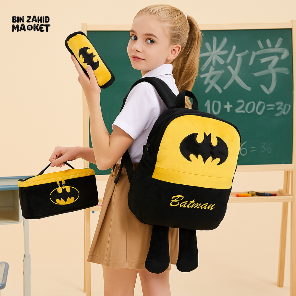 BATMAN CARTOON PLUSH BACKPACK FOR KIDS – LIGHTWEIGHT SOFT SCHOOL BAG WITH COMFY STRAPS & SPACIOUS COMPARTMENT