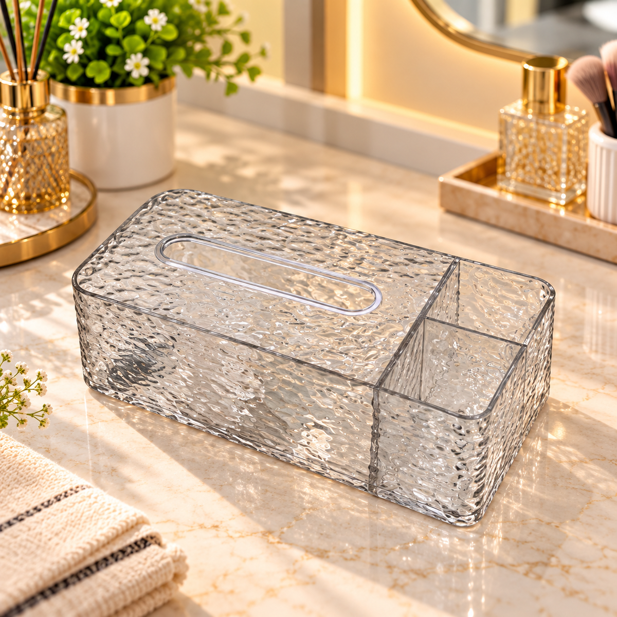 TRANSPARENT TEXTURED TISSUE BOX WITH SIDE STORAGE COMPARTMENT