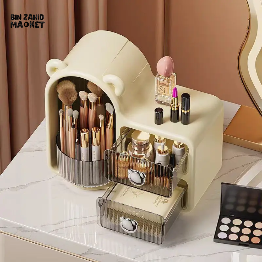 BEAR-SHAPED 360° MAKEUP BRUSH HOLDER – WALL-MOUNTED, DUSTPROOF WITH DRAWER & LID