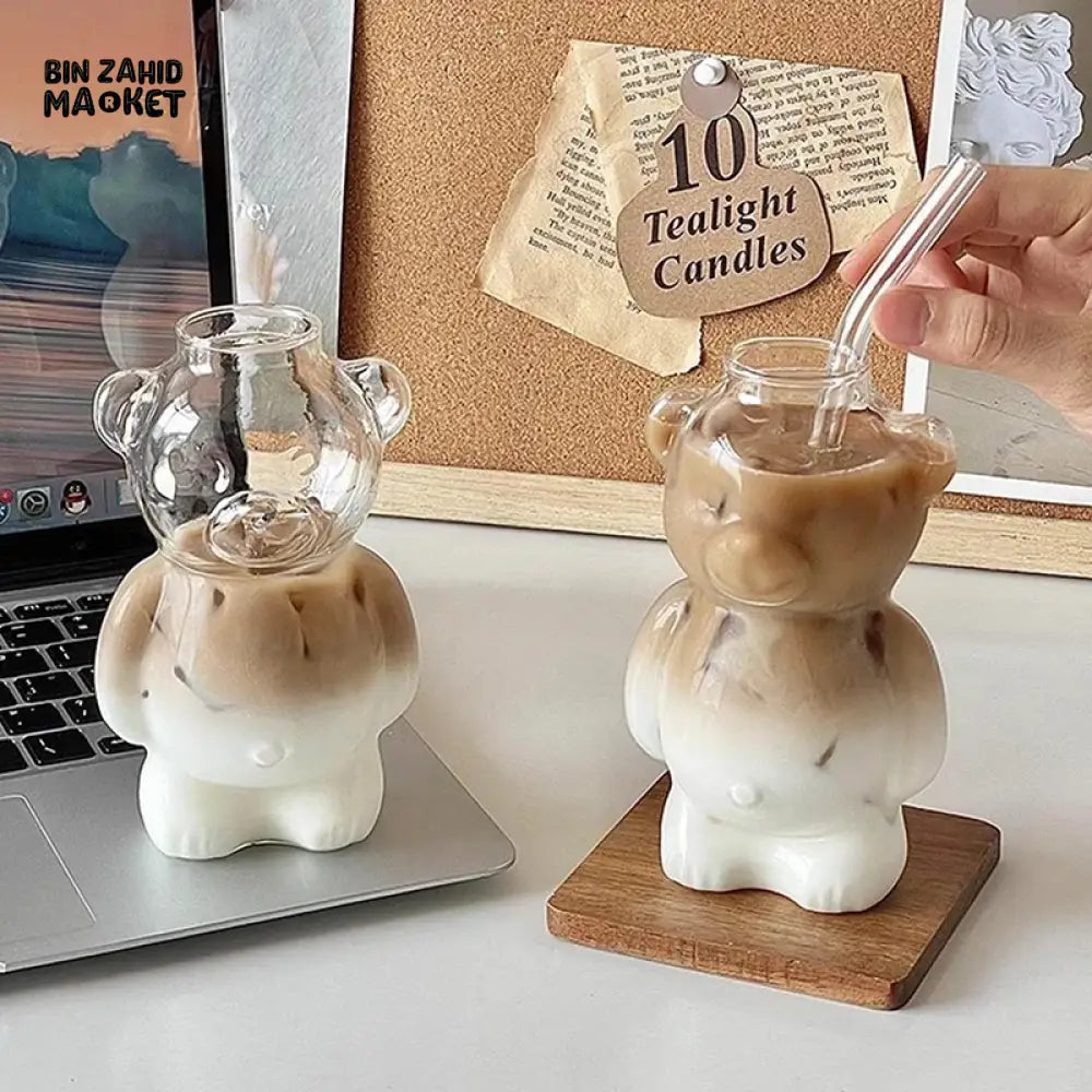 CARTOON BEAR SHAPED GLASS MUG WITH STRAW CUTE TRANSPARENT COFFEE & JUICE CUP CREATIVE MILKY TEA BEAR CUP