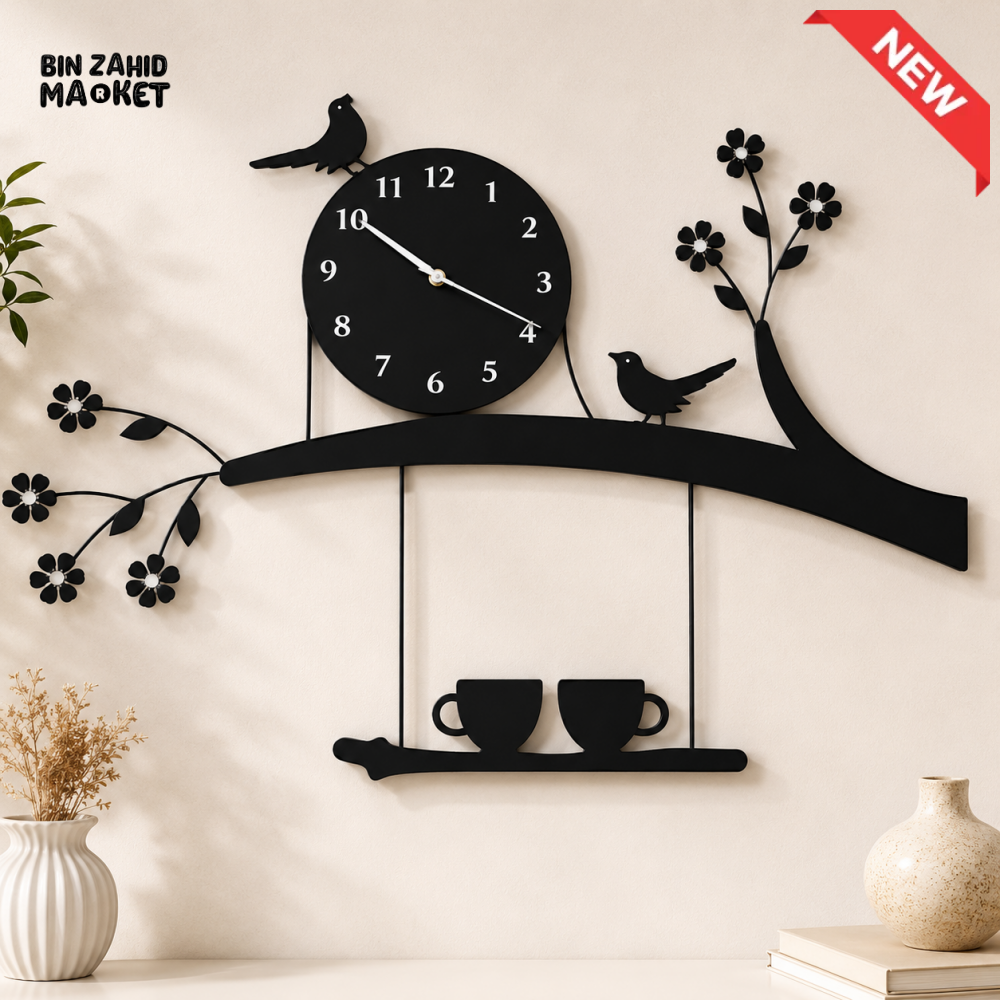 BIRD & FLOWER BRANCH PENDULUM WALL CLOCK WITH CUP DECOR