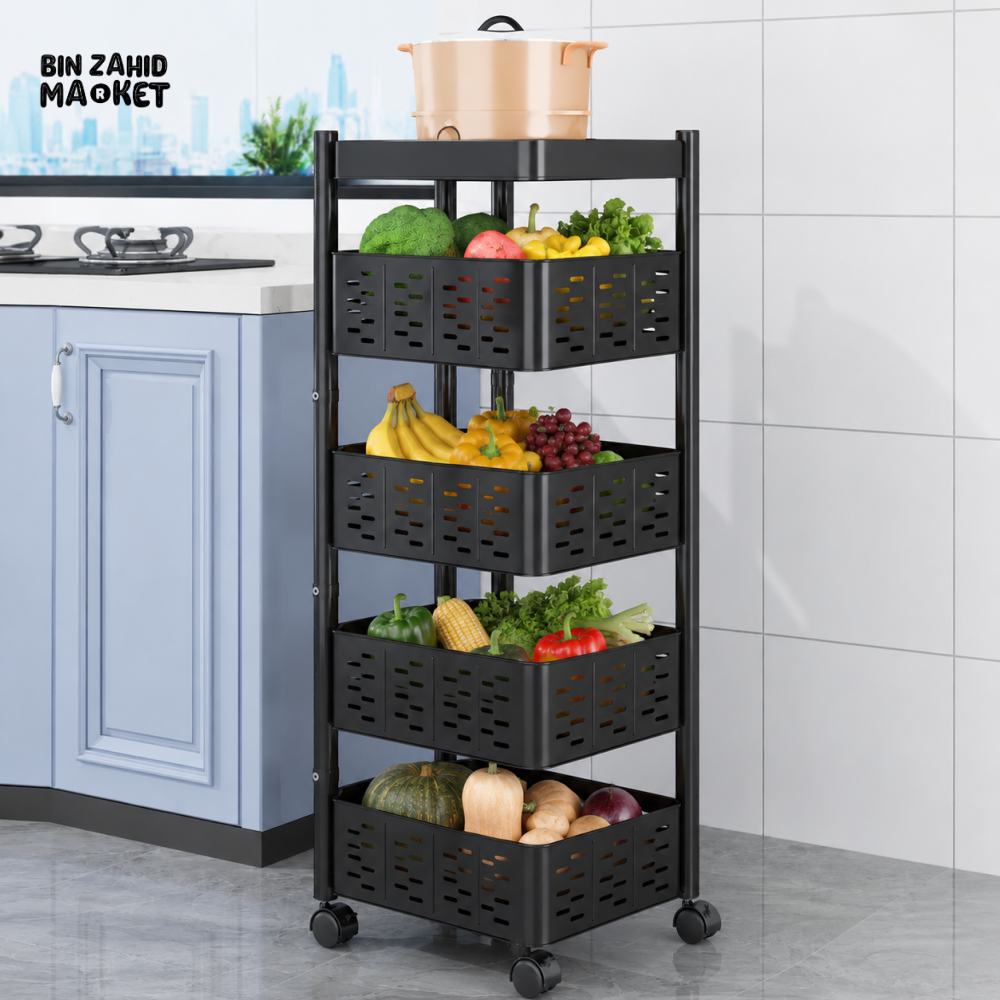 BLACK 4-LAYER METAL KITCHEN STORAGE TROLLEY