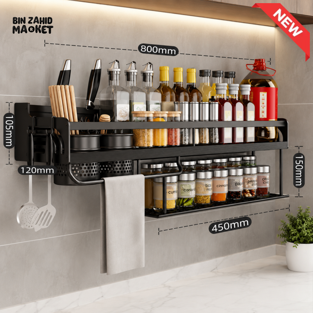 BLACK 80CM DOUBLE LAYER WALL MOUNTED KITCHEN SPICE RACK