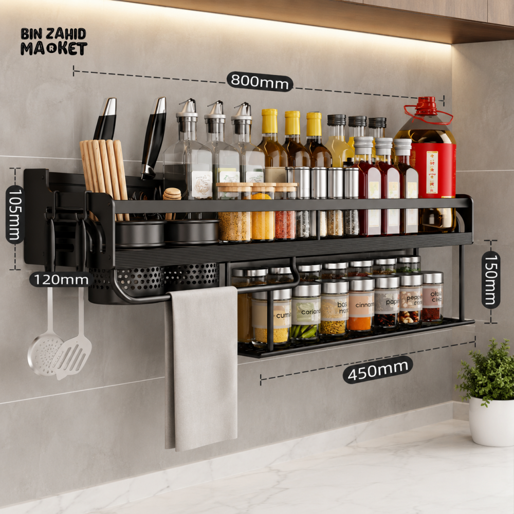 BLACK 80CM DOUBLE LAYER WALL MOUNTED KITCHEN SPICE RACK