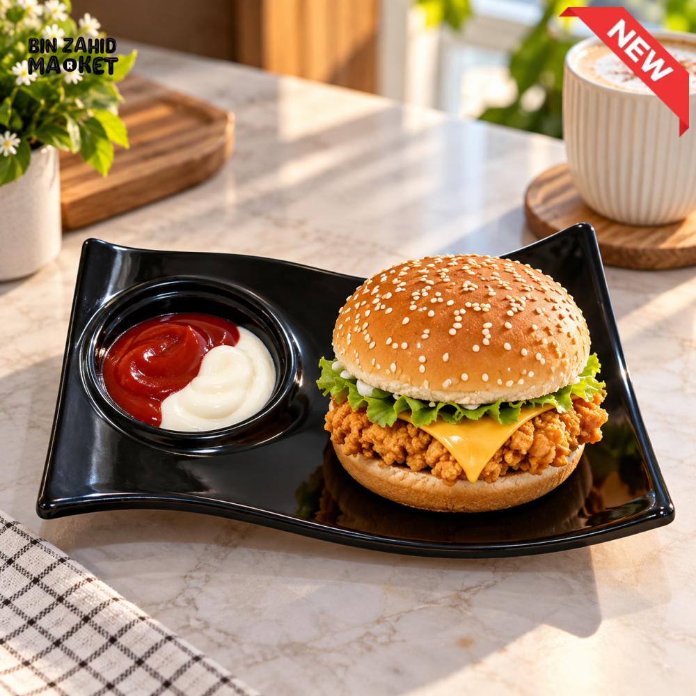 BLACK BURGER SERVING PLATE WITH DIP COMPARTMENT