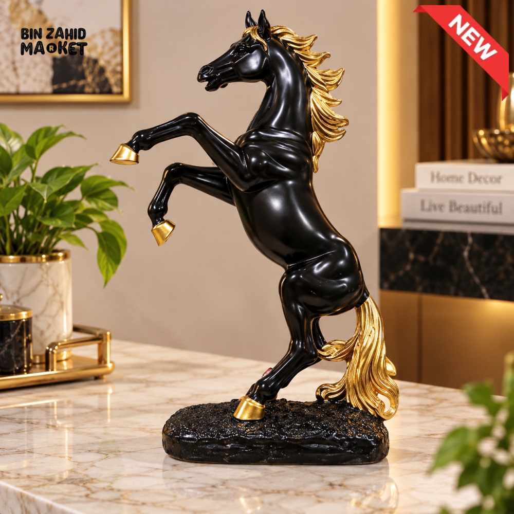 BLACK & GOLD REARING HORSE DECORATIVE SHOWPIECE