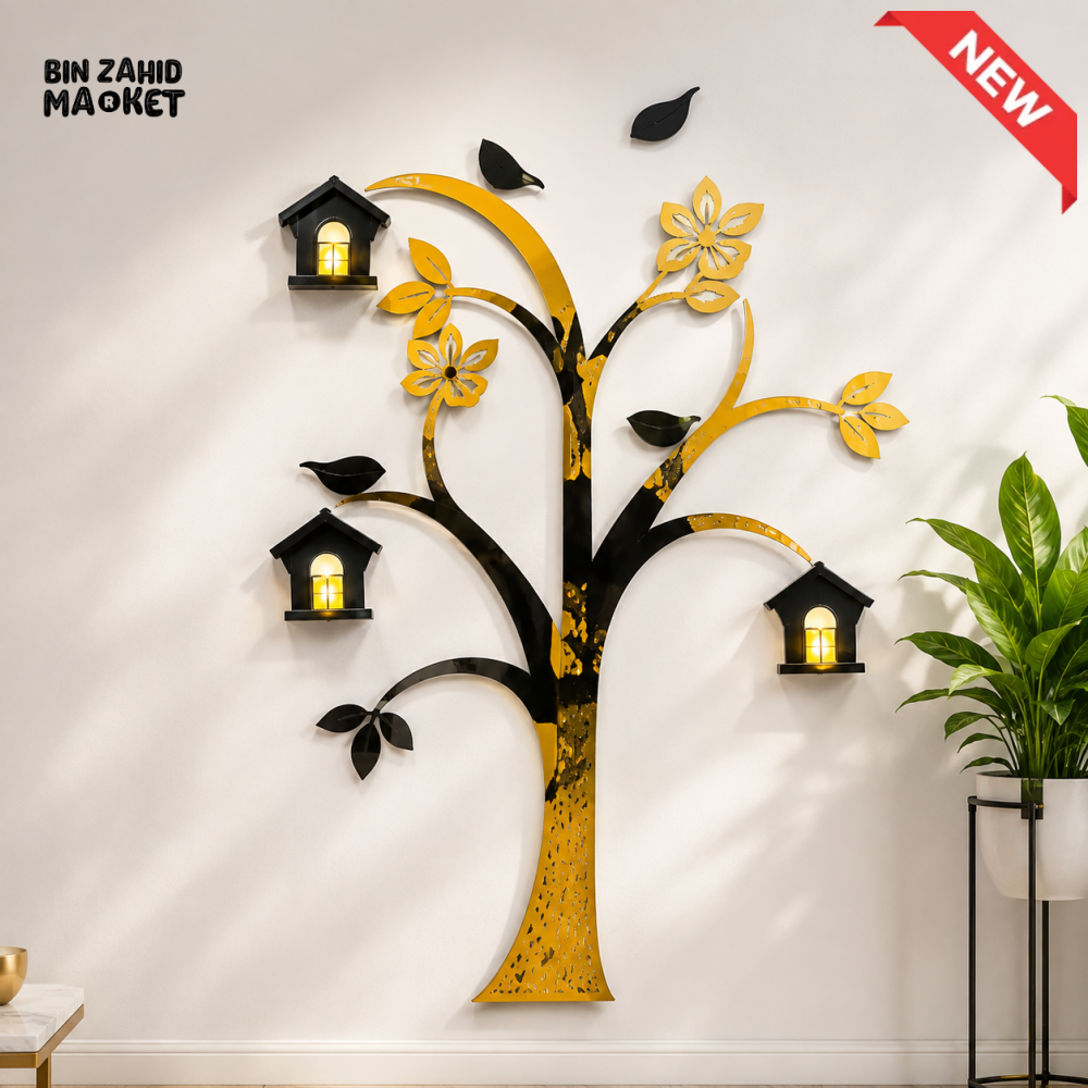 BLACK & GOLD TREE WALL ART WITH LANTERN DECOR
