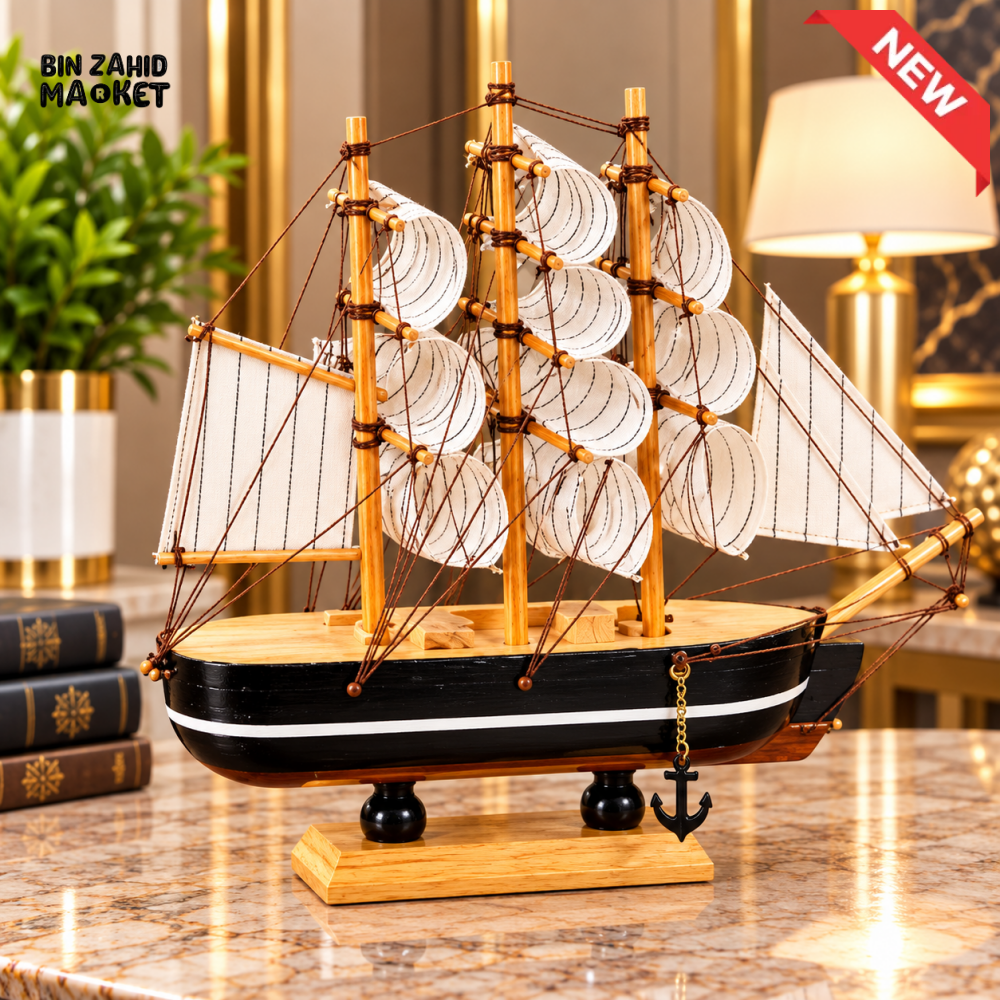 BLACK HULL WOODEN SAILING SHIP DECORATIVE SHOWPIECE