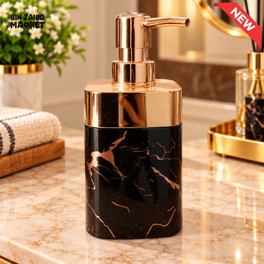 BLACK MARBLE DESIGN LIQUID SOAP DISPENSER WITH ROSE GOLD PUMP - Soap Dispensers