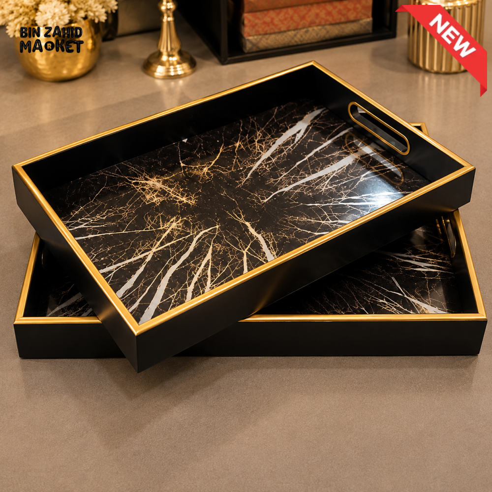 BLACK MARBLE EFFECT GOLD RIM SERVING TRAY SET