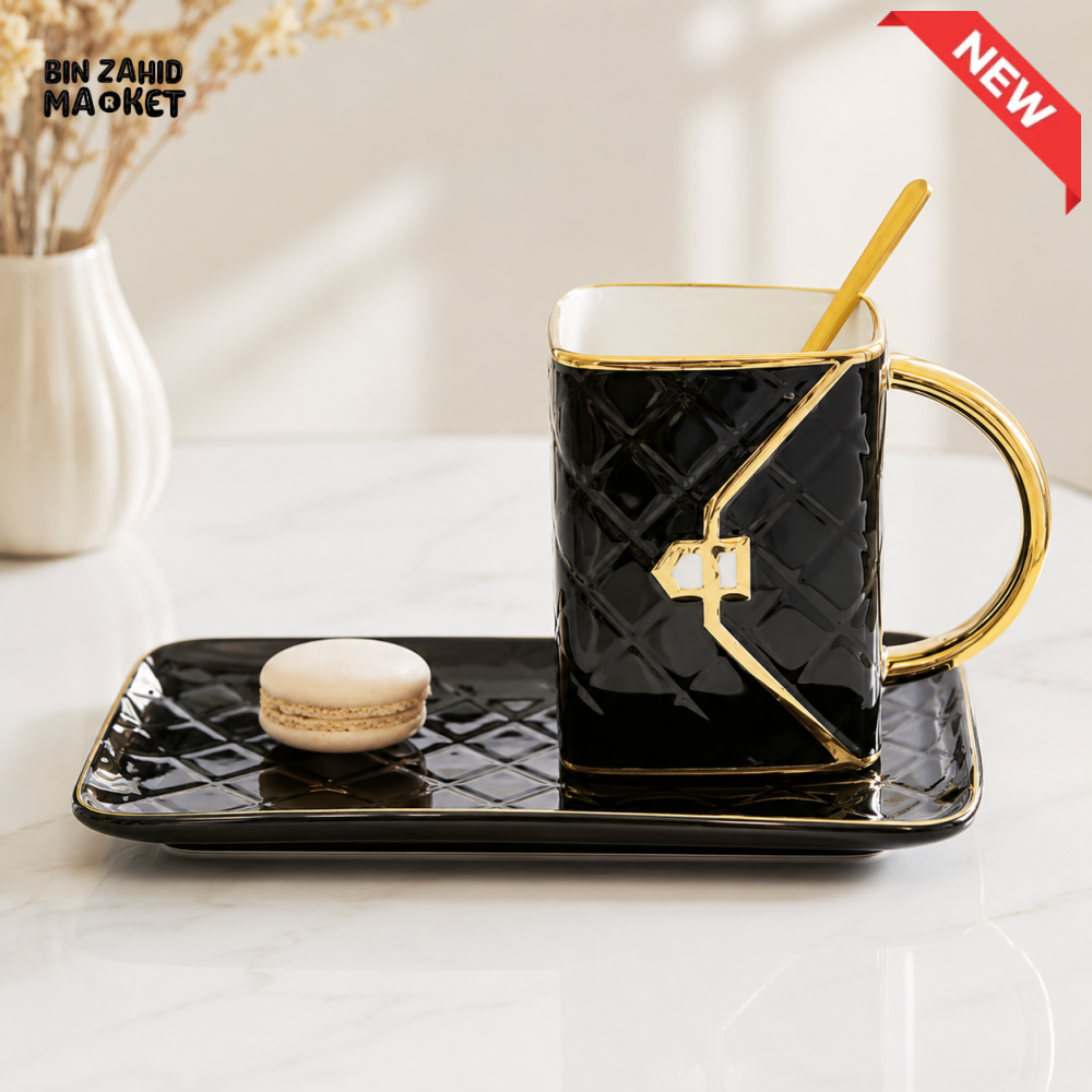 BLACK QUILTED CERAMIC MUG WITH MATCHING TRAY & SPOON