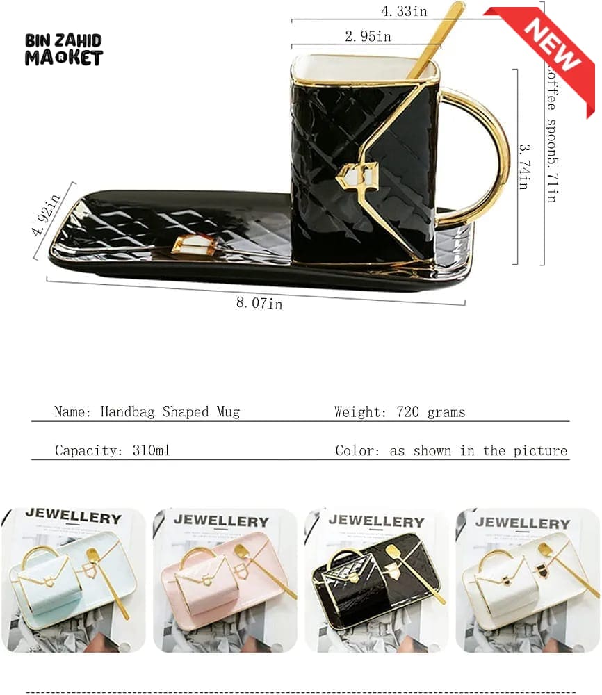 BLACK QUILTED CERAMIC MUG WITH MATCHING TRAY & SPOON