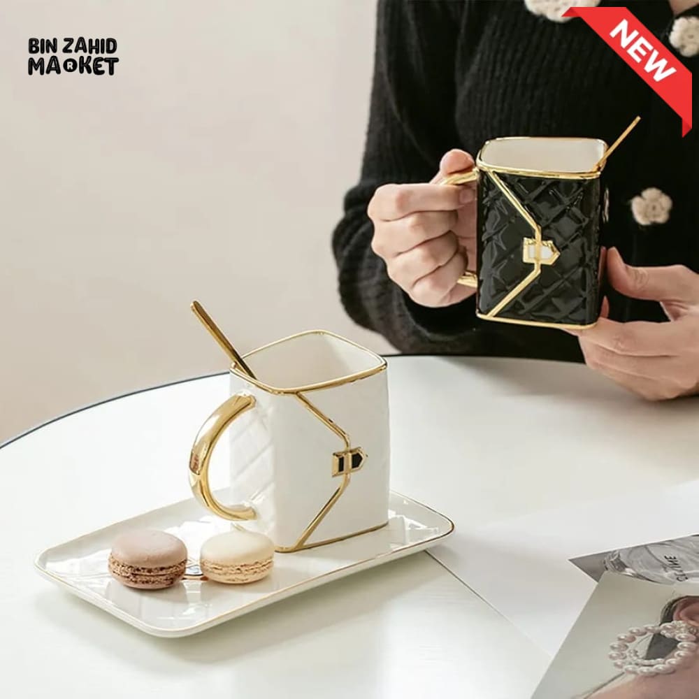 BLACK QUILTED CERAMIC MUG WITH MATCHING TRAY & SPOON