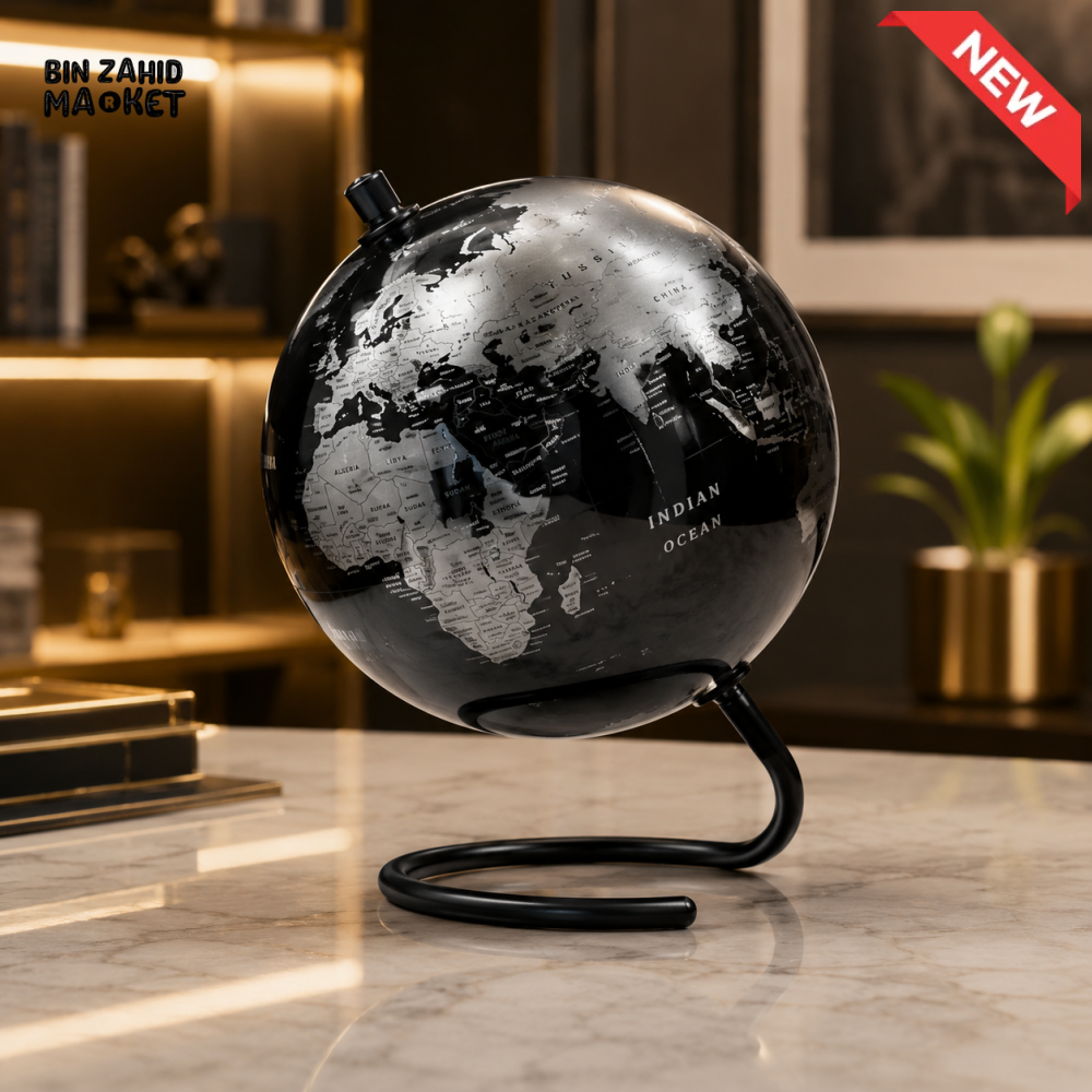 BLACK & SILVER DECORATIVE WORLD GLOBE WITH METAL STAND