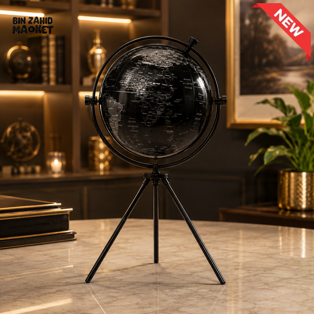 BLACK & SILVER DECORATIVE WORLD GLOBE WITH TRIPOD STAND