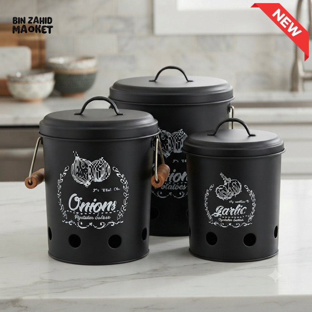 BLACK & WHITE METAL VEGETABLE STORAGE CANISTER SET - 3 PIECE SET - BLACK