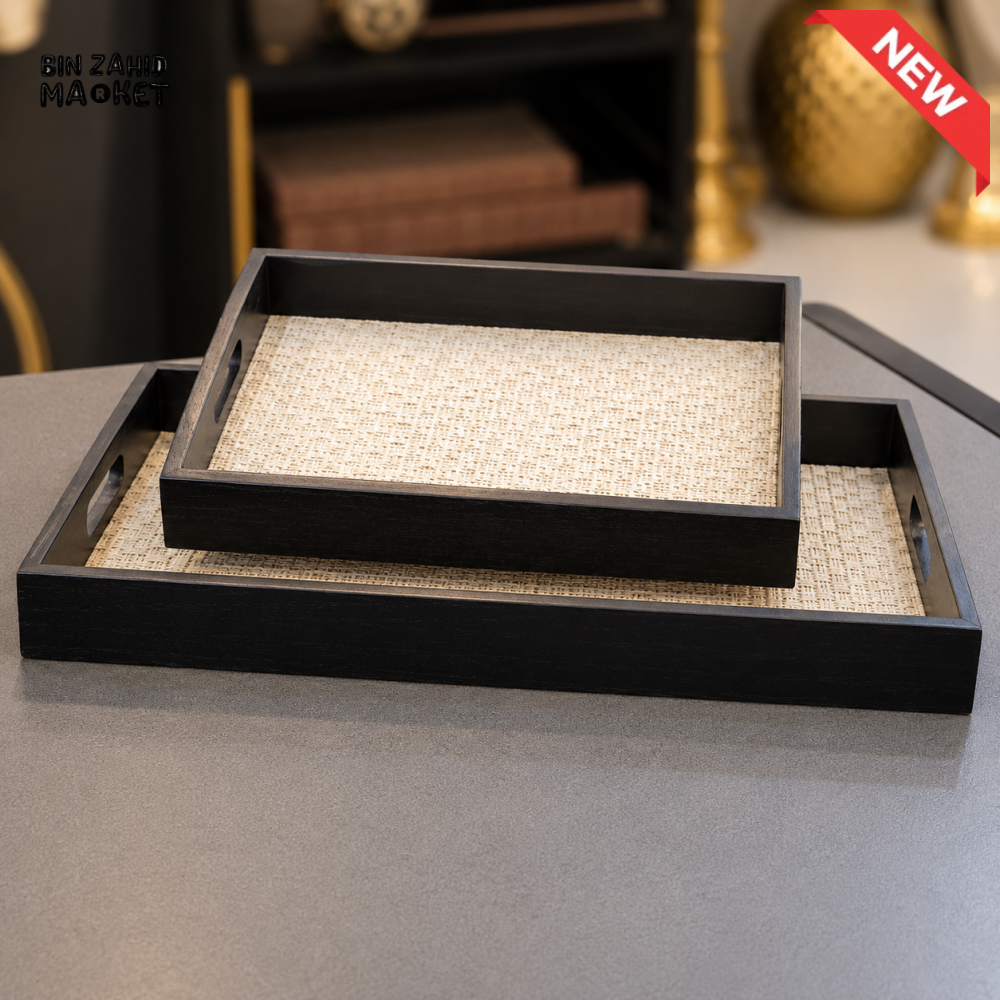 BLACK WOOD LOOK WOVEN BASE SERVING TRAY SET
