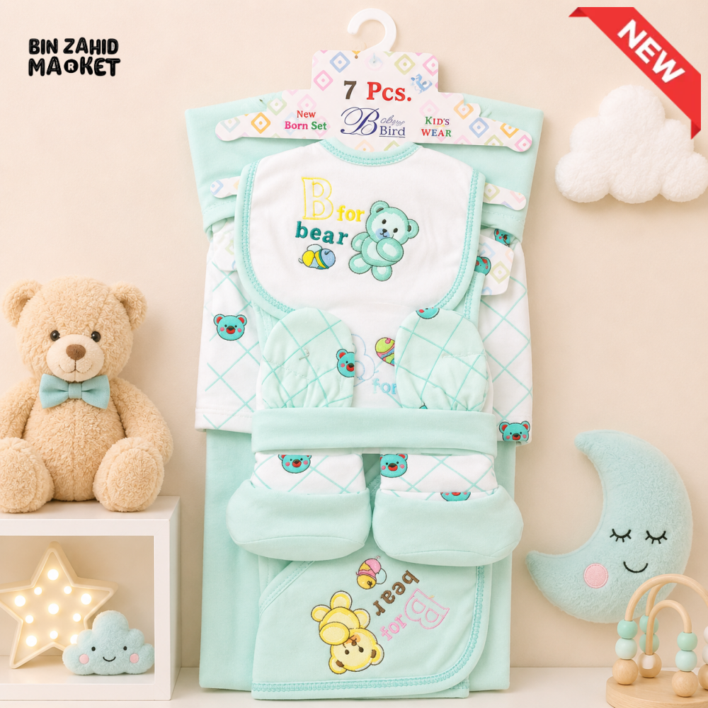 BLUE BIRD 7 PCS NEWBORN BABY GIFT SET – BEAR EMBROIDERED DESIGN (MINT GREEN)
