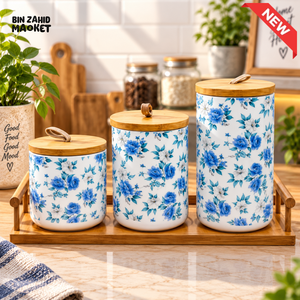 BLUE FLORAL CERAMIC STORAGE JAR SET WITH BAMBOO LIDS