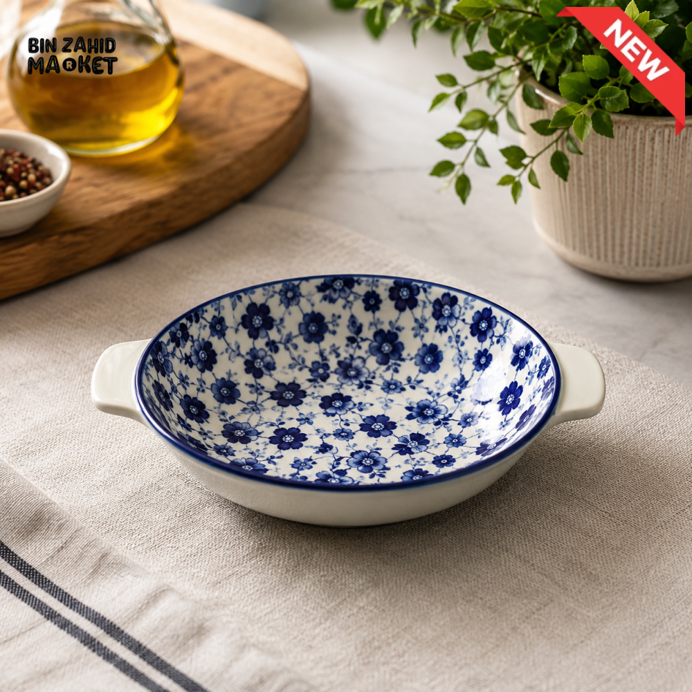 BLUE FLORAL PORCELAIN ROUND SERVING DISH WITH HANDLES 7.0 INCH – 70TYKP