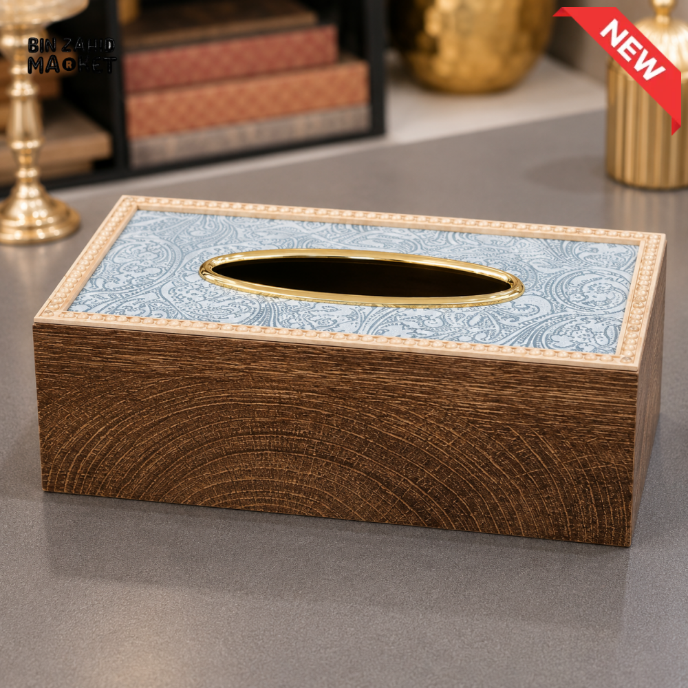 BLUE PAISLEY GOLD RIM WOOD LOOK TISSUE BOX