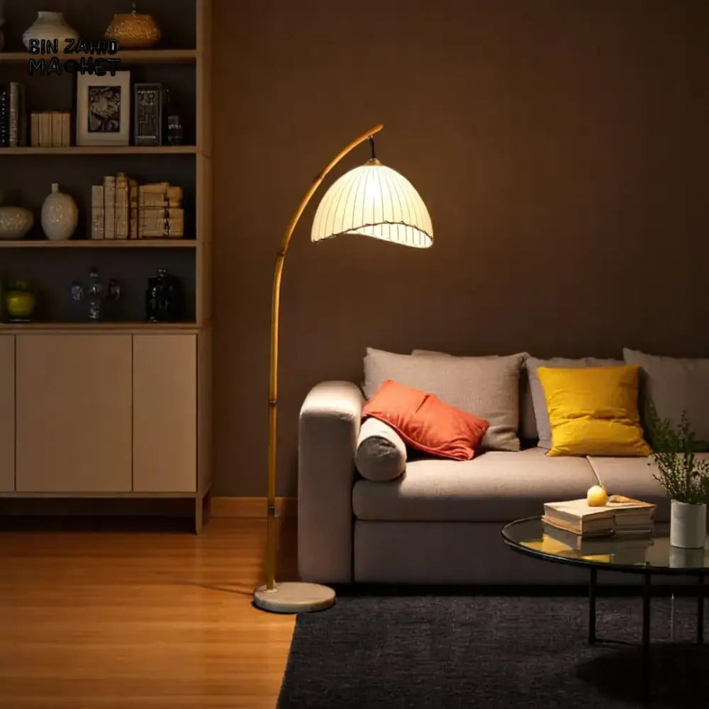 BOHO BAMBOO FLOOR LAMP – VINTAGE ARCHED STANDING LIGHT WITH PLEATED SHADE FOR HOME & BEDROOM