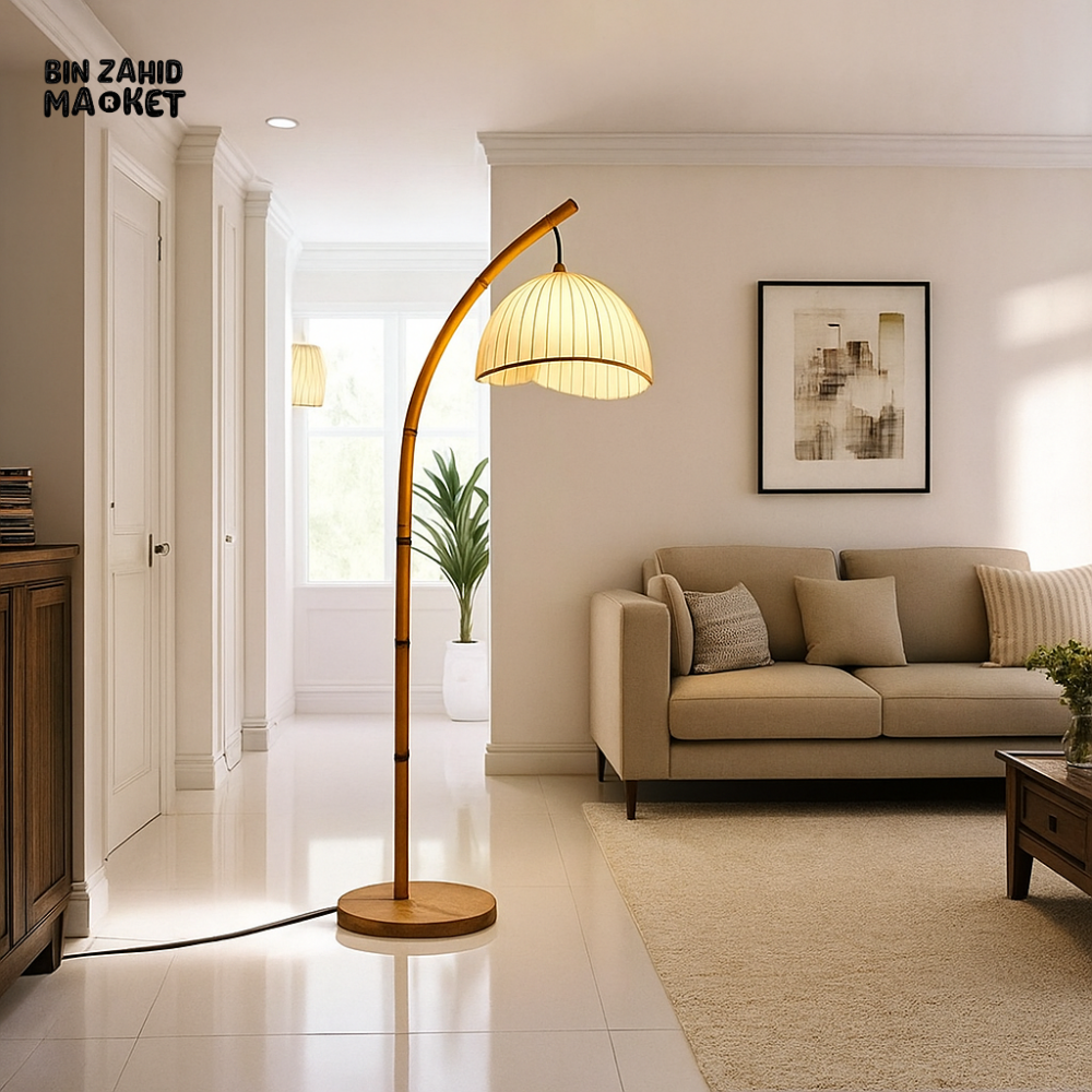 BOHO BAMBOO FLOOR LAMP – VINTAGE ARCHED STANDING LIGHT WITH PLEATED SHADE FOR HOME & BEDROOM