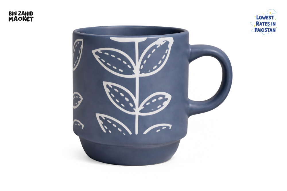BOTANICAL PRINT CERAMIC COFFEE MUG 150ML – BLUE MINIMAL LEAF DESIGN