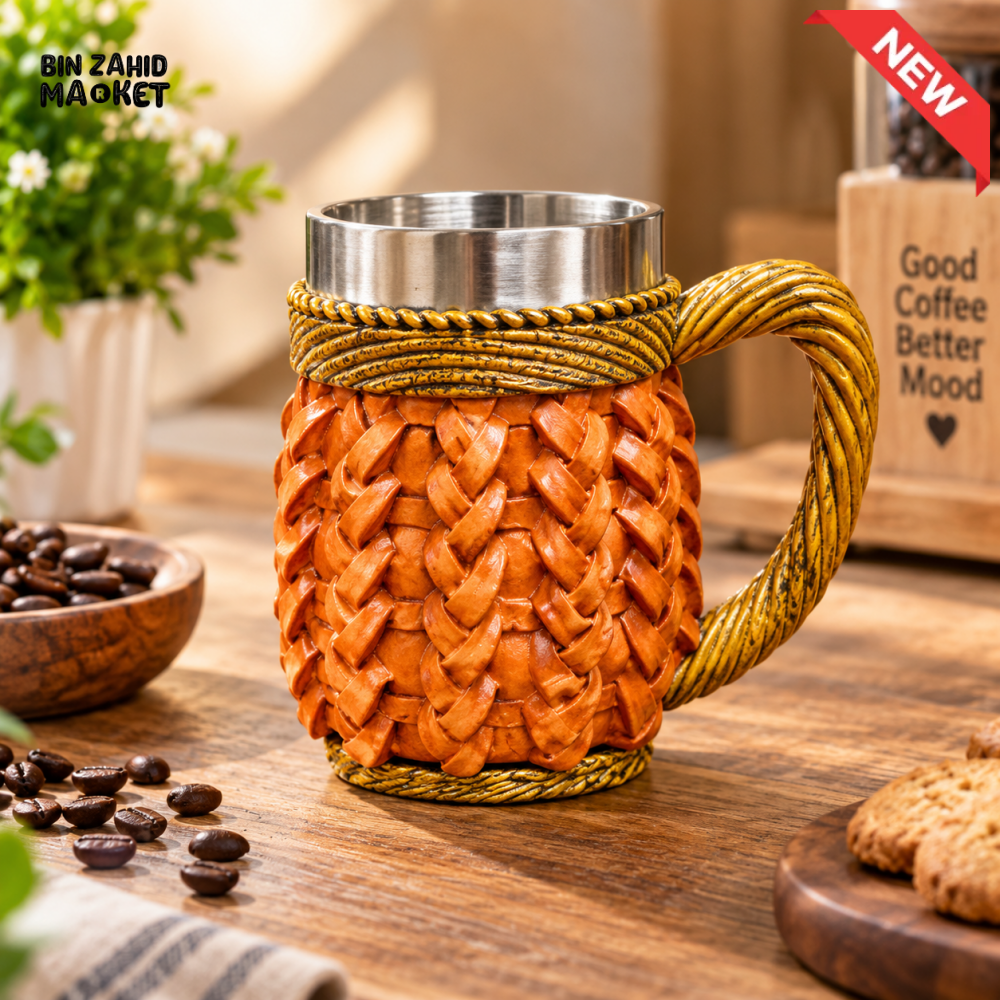 BRAIDED LEATHER-STYLE STAINLESS STEEL COFFEE MUG WITH ROPE HANDLE