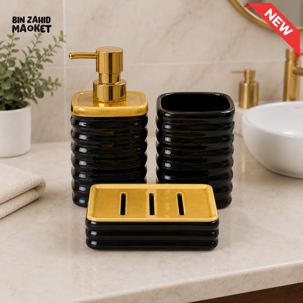 BRILLIANT 3 PCS CERAMIC BATHROOM ACCESSORY SET - BLACK & GOLD