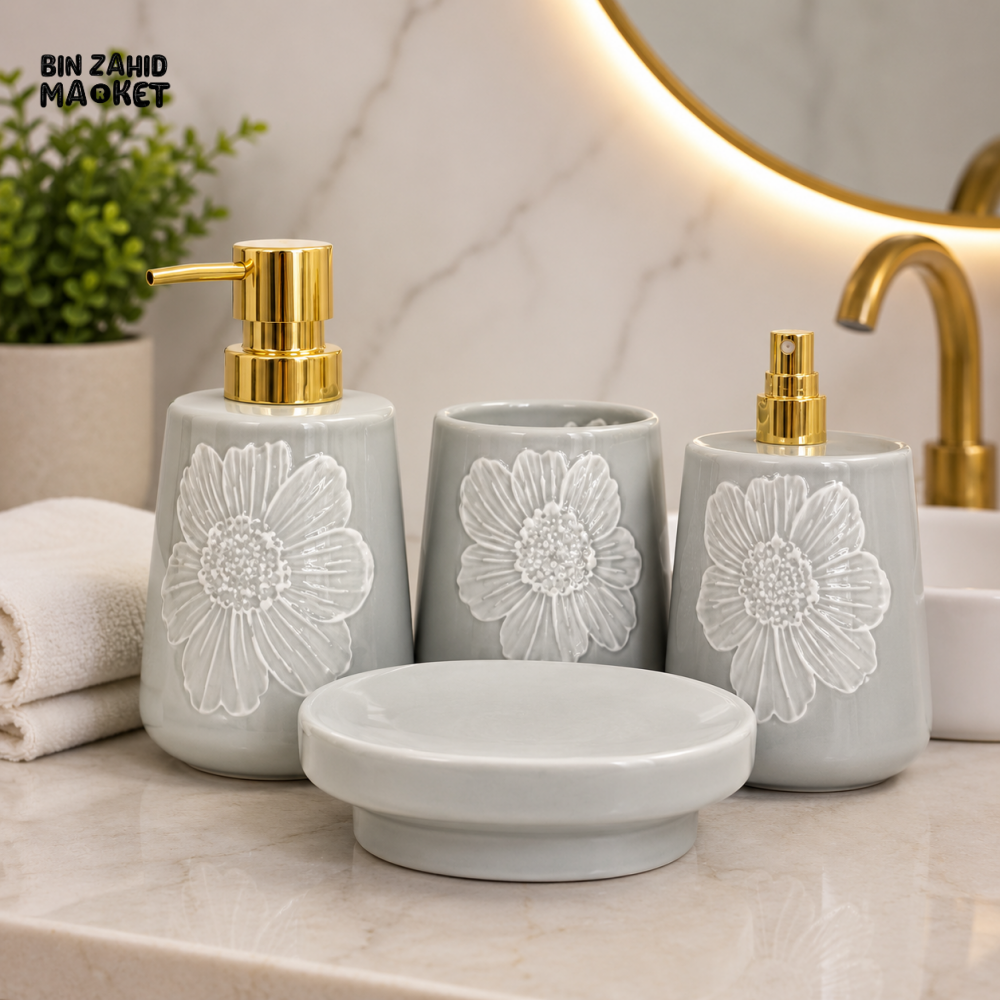 BRILLIANT 4-PIECE CERAMIC BATHROOM ACCESSORY SET – EMBOSSED FLOWER DESIGN