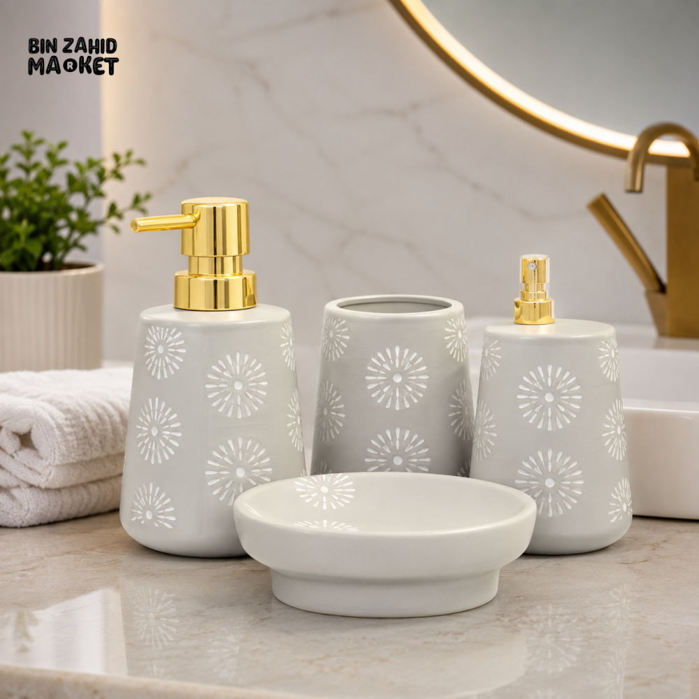BRILLIANT 4-PIECE CERAMIC BATHROOM ACCESSORY SET – GREY