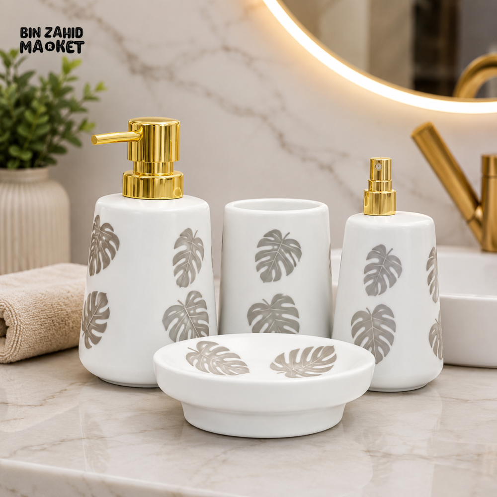 BRILLIANT 4-PIECE CERAMIC BATHROOM ACCESSORY SET – LEAF DESIGN