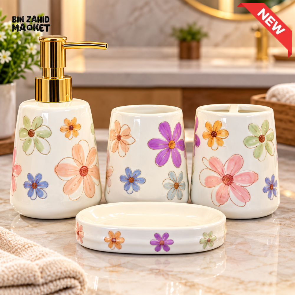 BRILLIANT 4PCS FLORAL CERAMIC BATHROOM ACCESSORY SET