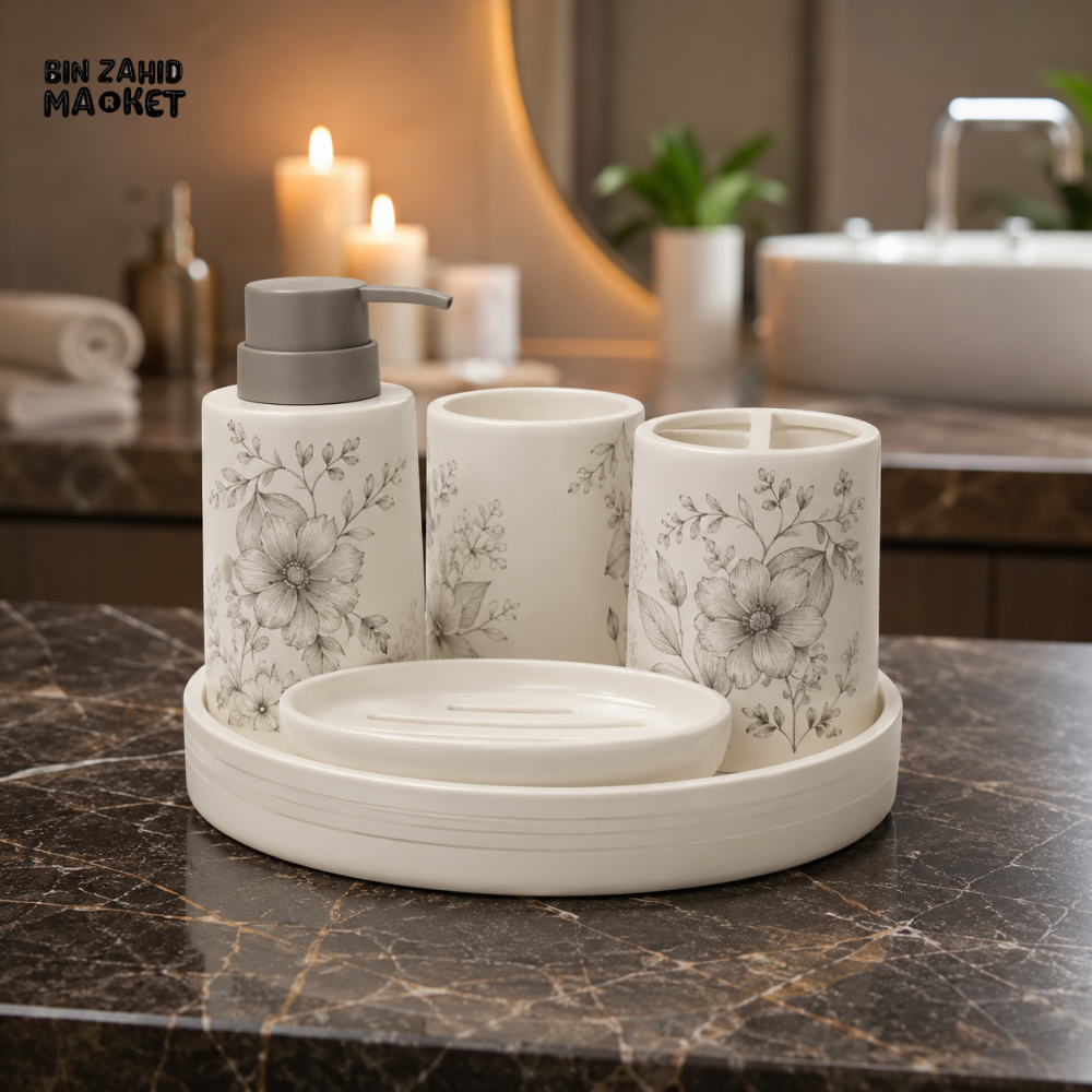BRILLIANT BATHROOM CERAMIC BATHROOM ACCESSORY SET - 5 PIECE SET