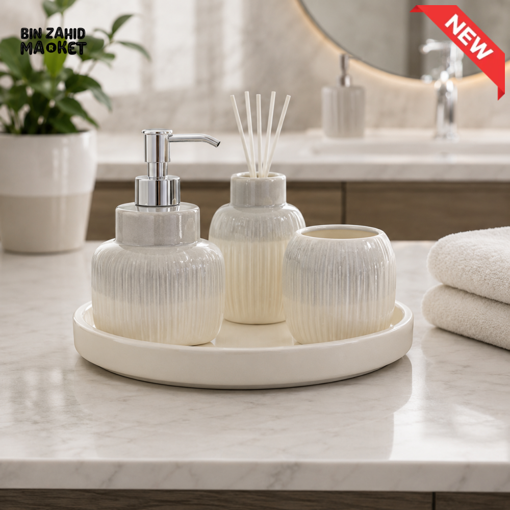 BRILLIANT BATHROOM CERAMIC BATHROOM ACCESSORY SET WITH TRAY - 4 PIECE SET