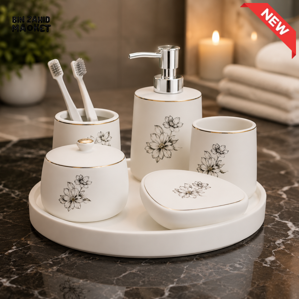 BRILLIANT BATHROOM FLORAL BATHROOM ACCESSORY SET - 5 PIECE SET