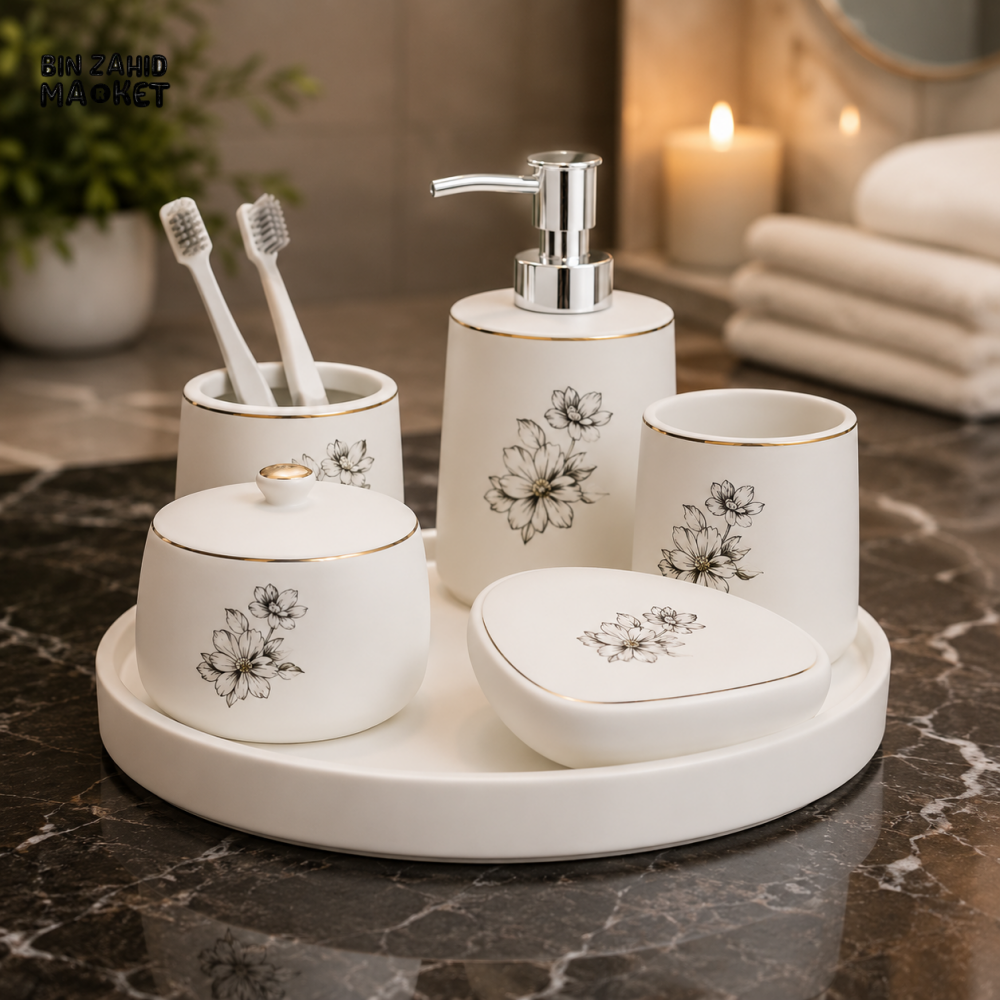BRILLIANT BATHROOM FLORAL BATHROOM ACCESSORY SET - 5 PIECE SET