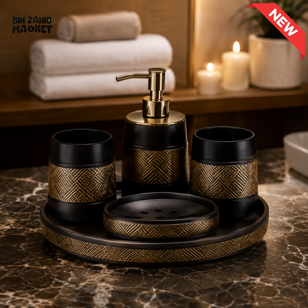 BRILLIANT BATHROOM LUXURY BATHROOM ACCESSORY SET BLACK & GOLDEN - 5 PIECE SET