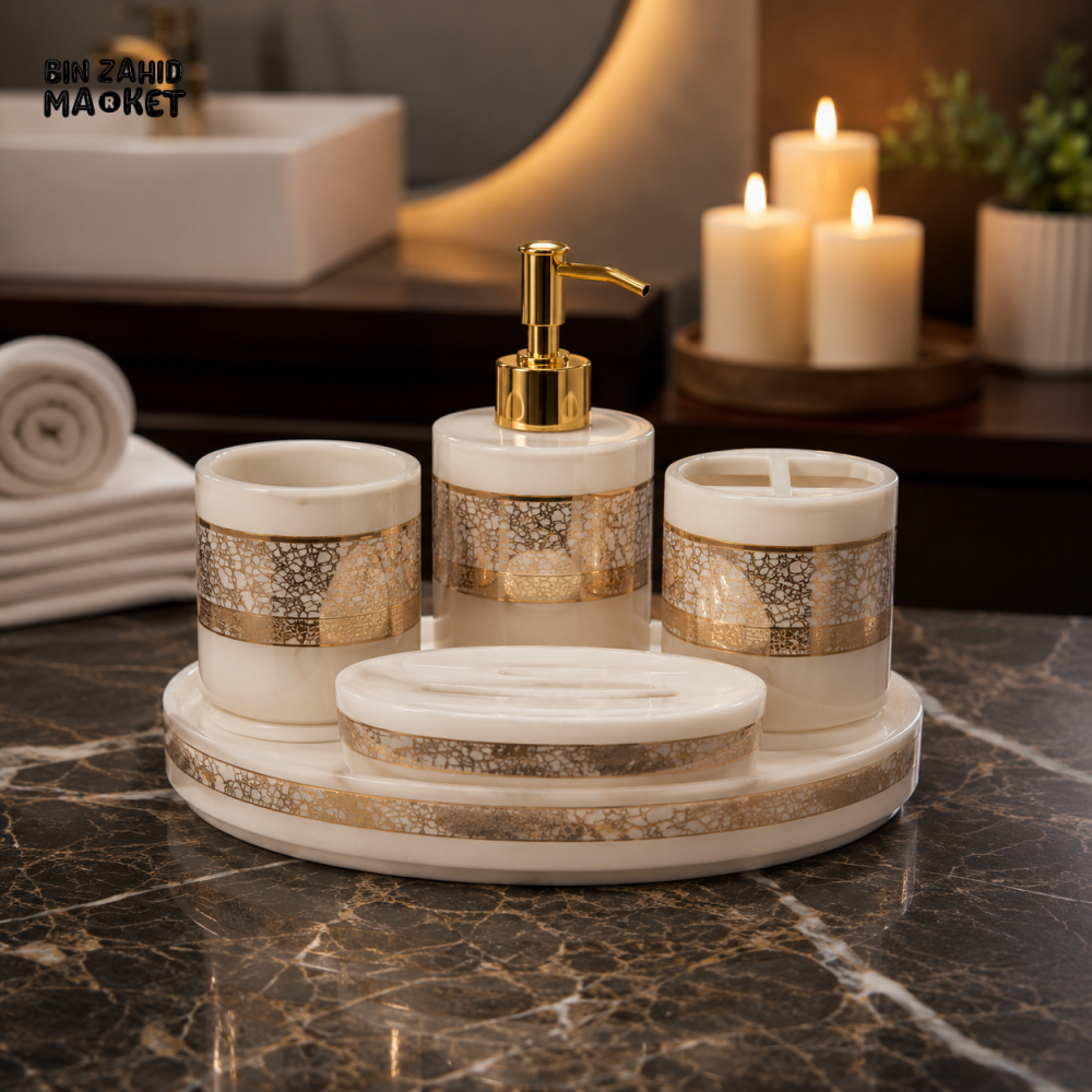 BRILLIANT BATHROOM LUXURY BATHROOM ACCESSORY SET WHITE & GOLDEN - 5 PIECE SET