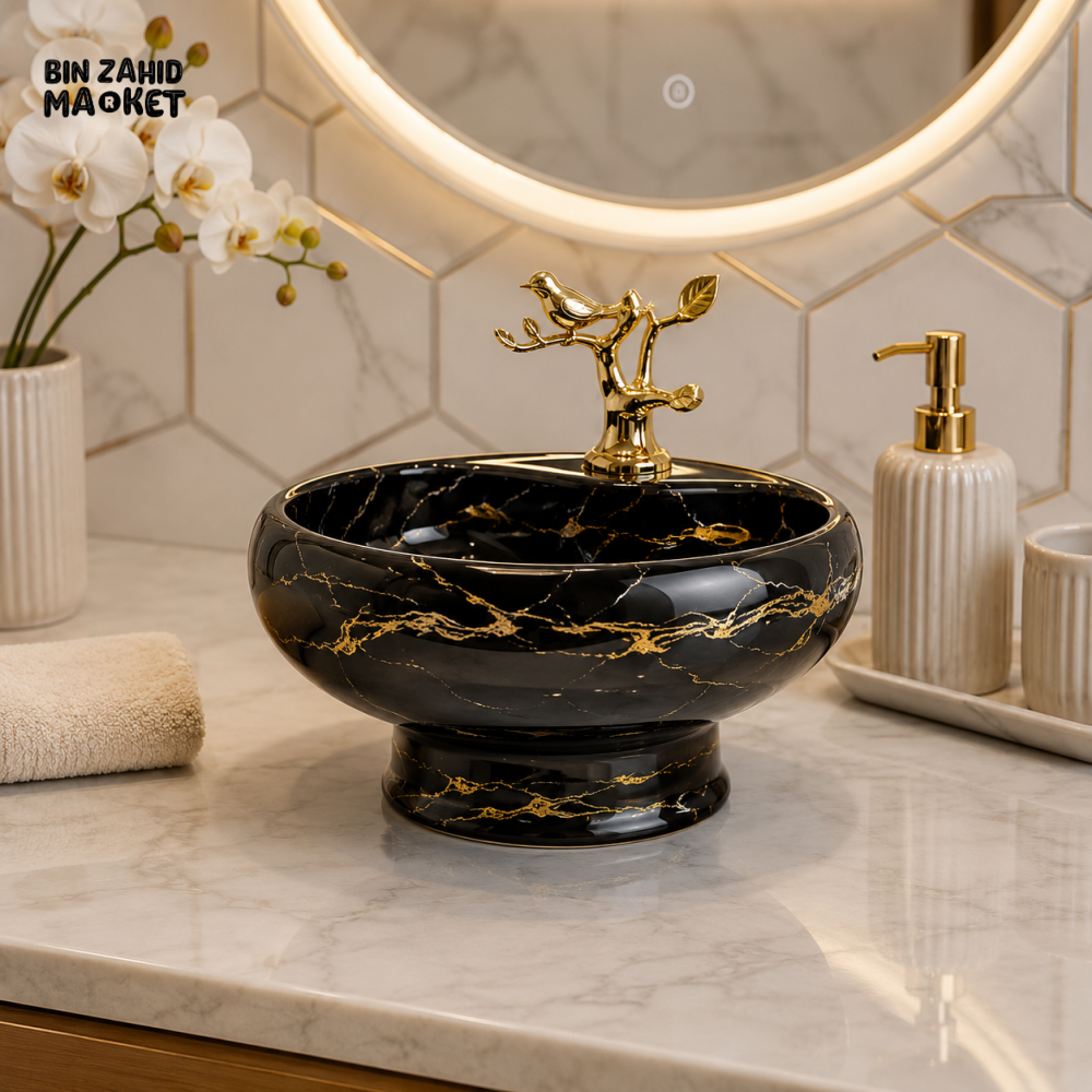 BRILLIANT BATHROOM LUXURY MARBLE WASH BASIN - BLACK & GOLDEN