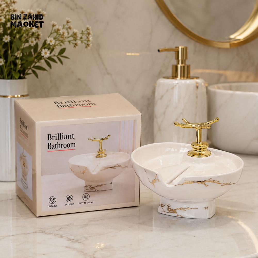BRILLIANT BATHROOM LUXURY SOAP DISH - WHITE & GOLDEN