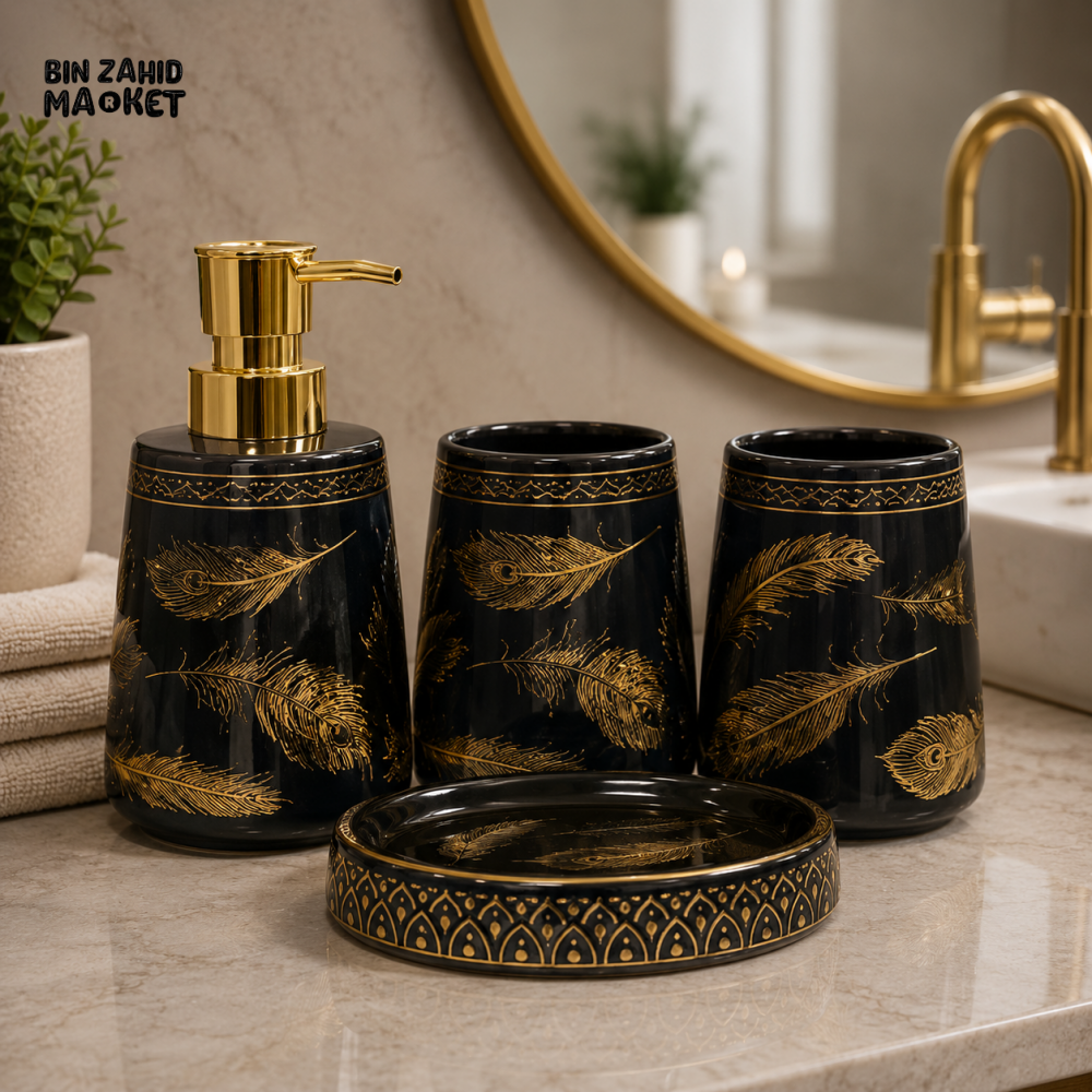 BRILLIANT BLACK FEATHER CERAMIC BATHROOM ACCESSORY SET (4 PCS)