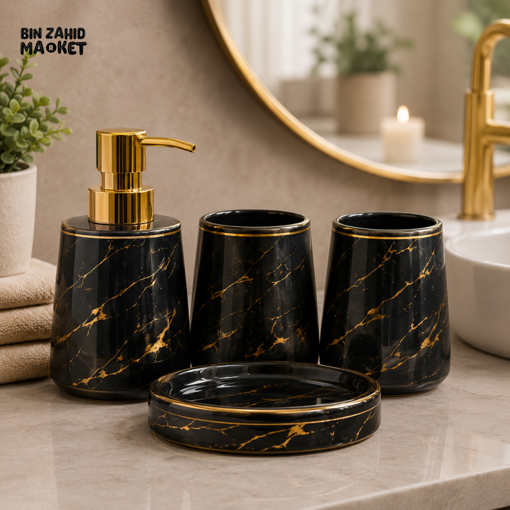 BRILLIANT BLACK MARBLE CERAMIC BATHROOM ACCESSORY SET (4 PCS)