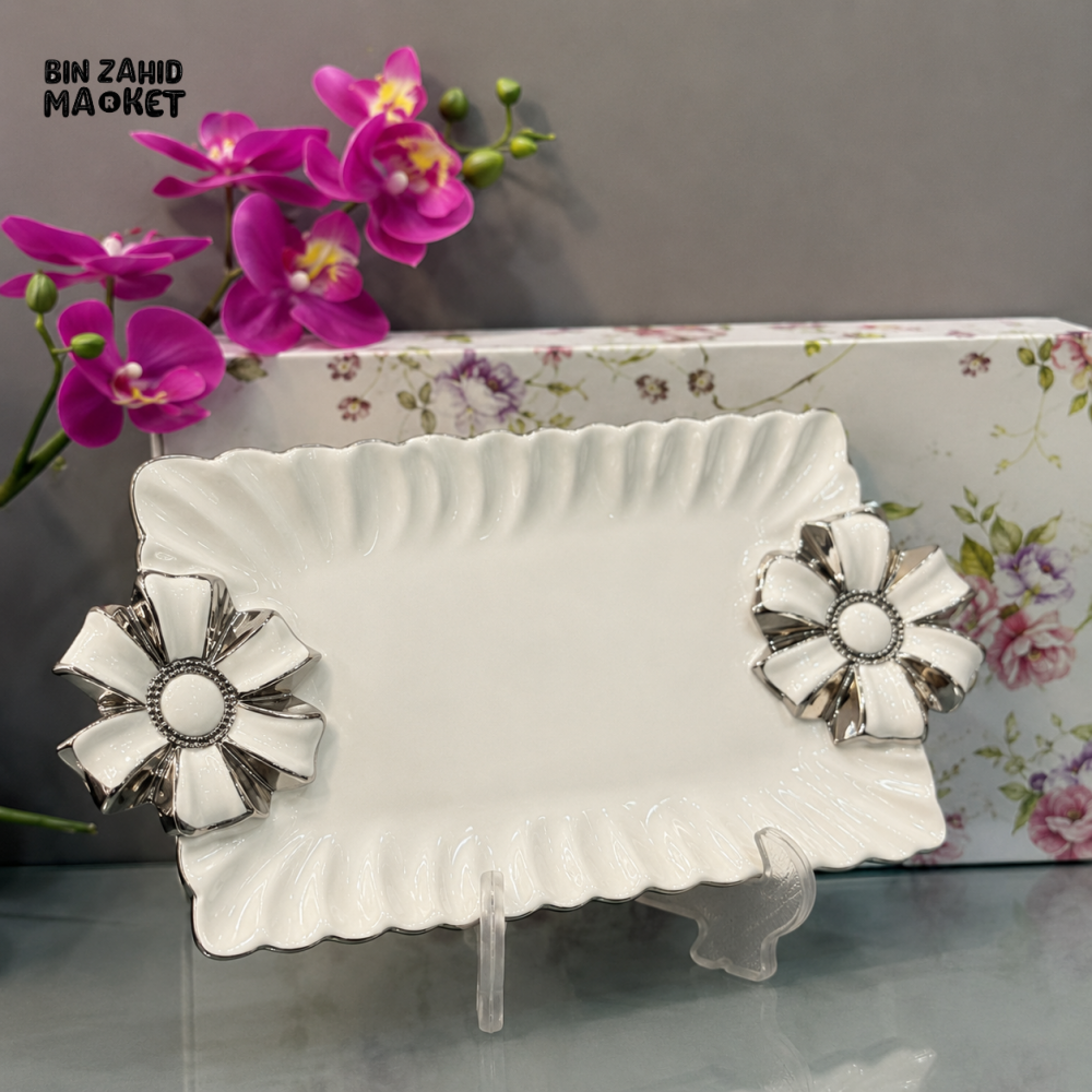 BRILLIANT CERAMIC DECORATIVE SERVING TRAY 11 INCH – SILVER FLOWER DESIGN