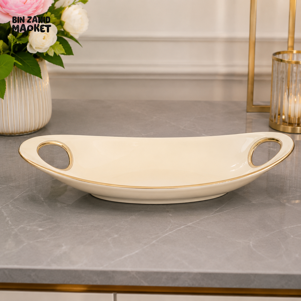 BRILLIANT CERAMIC SERVING PLATTER WITH GOLDEN HANDLES 17 INCH - OVAL SHAPE