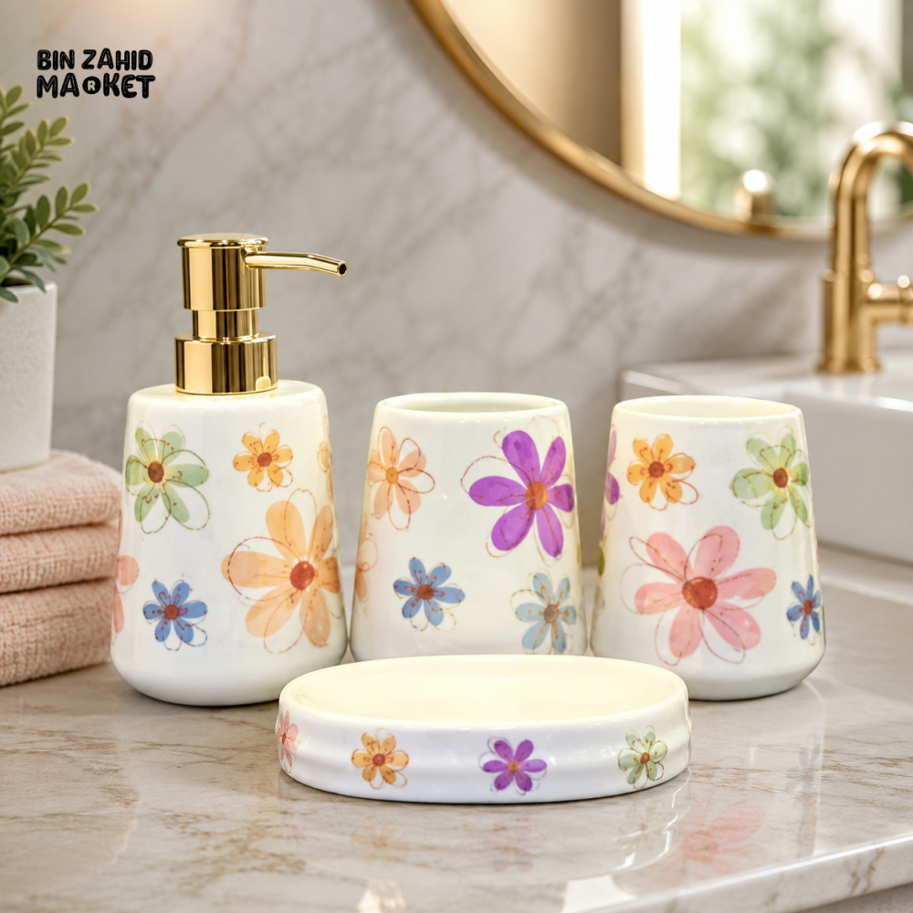 BRILLIANT FLORAL CERAMIC BATHROOM ACCESSORY SET (4 PCS)