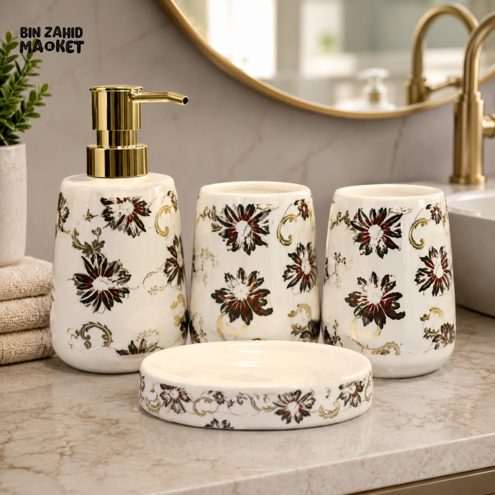 BRILLIANT FLORAL CERAMIC BATHROOM ACCESSORY SET (4 PCS)