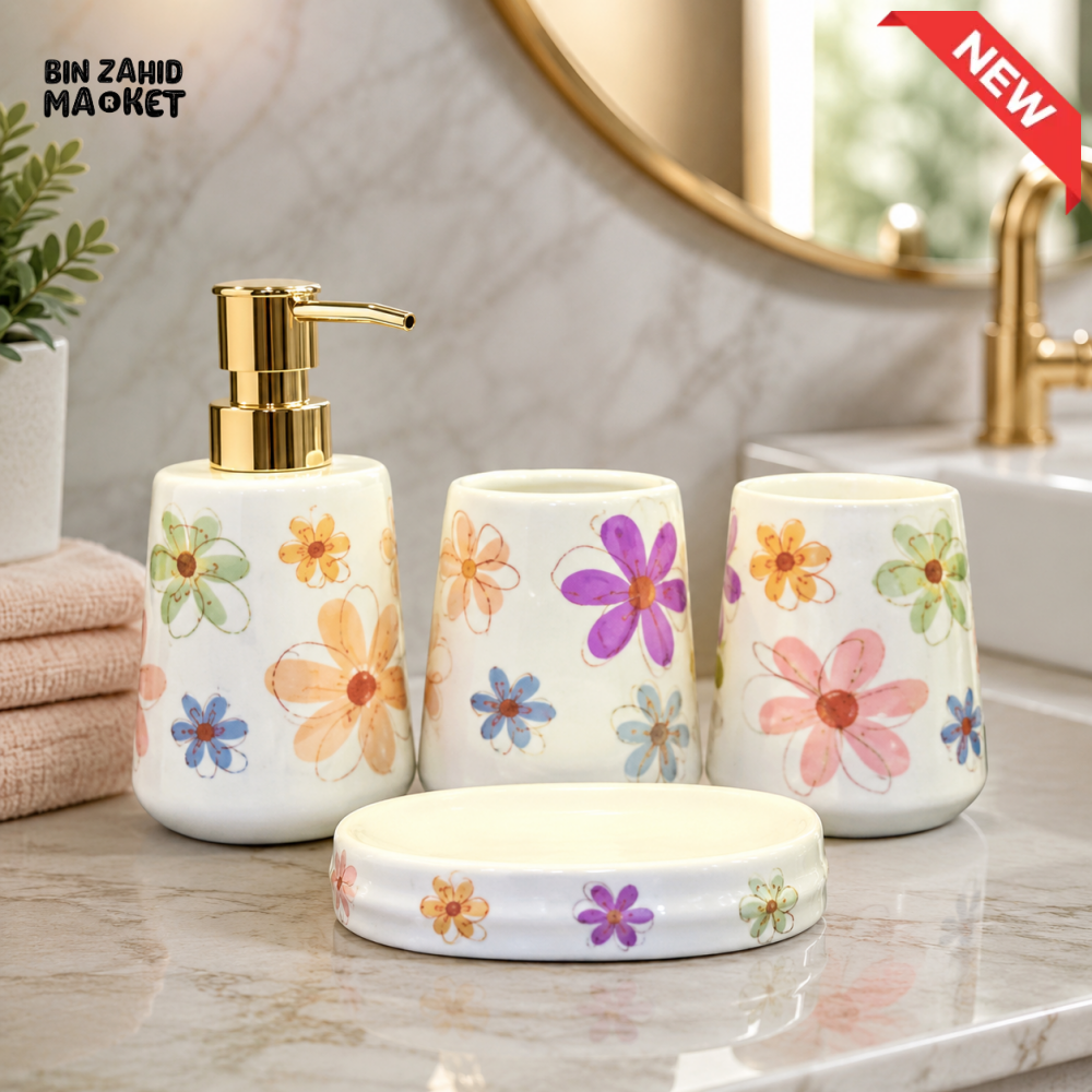 BRILLIANT FLORAL CERAMIC BATHROOM ACCESSORY SET (4 PCS)