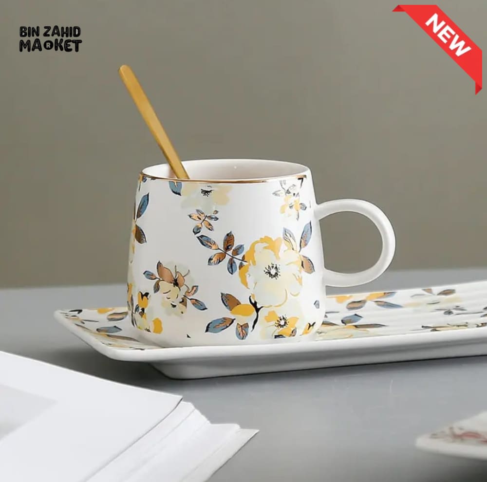 BRILLIANT FLORAL CERAMIC COFFEE MUG WITH TRAY & GOLD SPOON